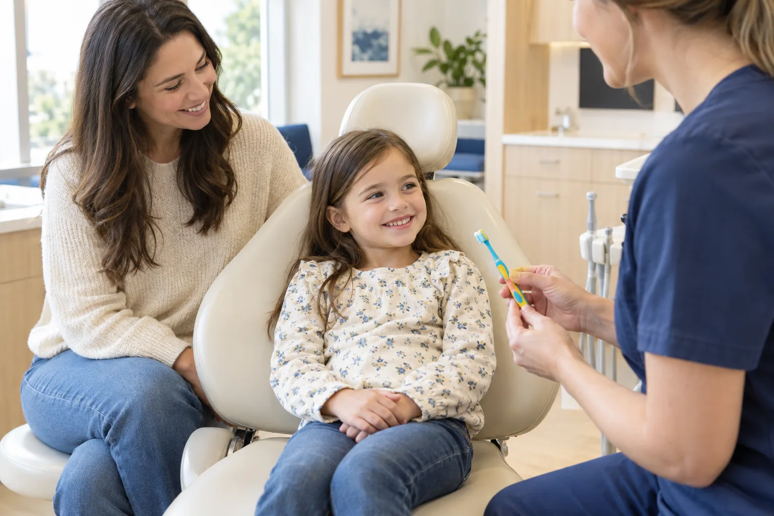 Illustrative scene of a child and parent enjoying a welcoming dental visit as a clinician demonstrates a toothbrush